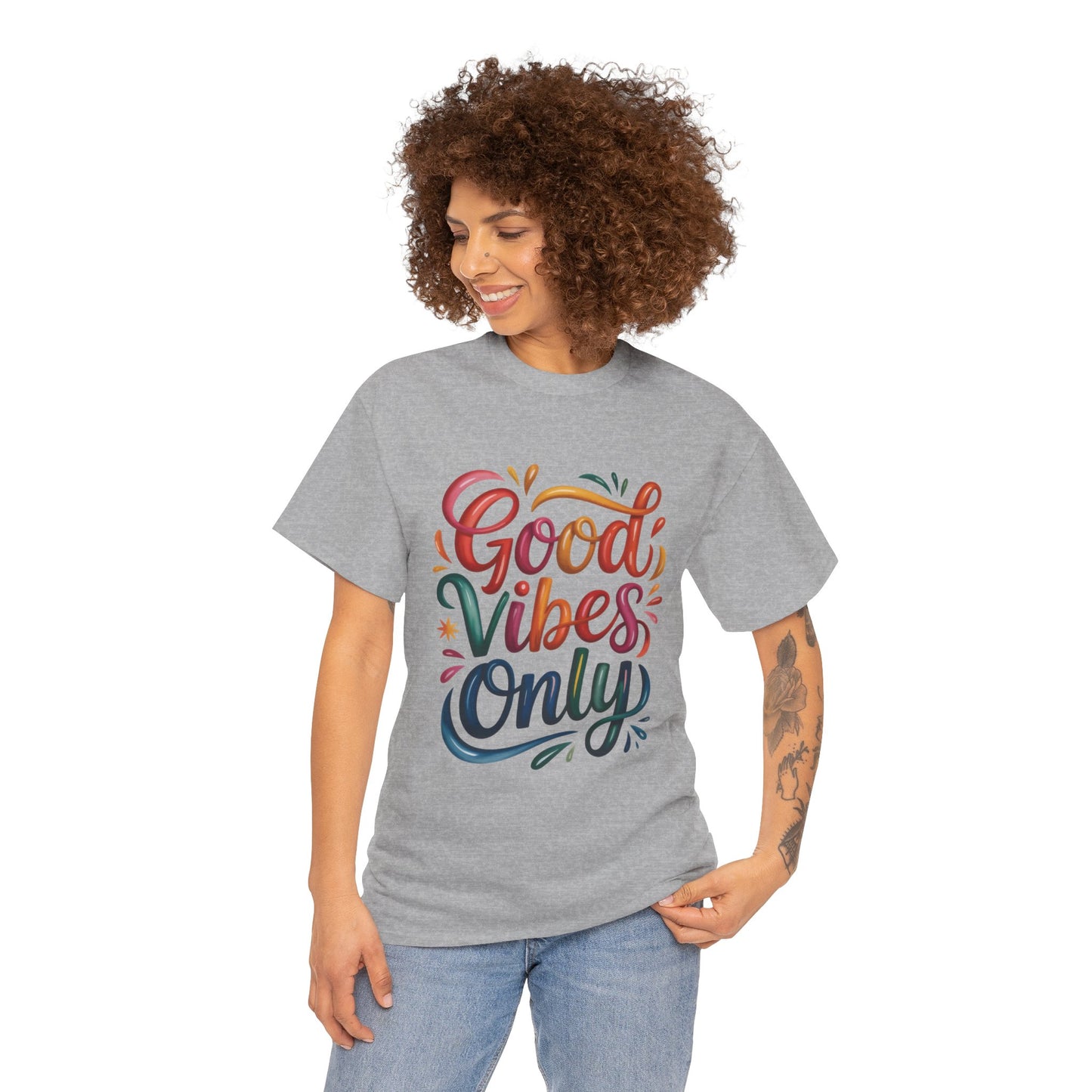 Good Vibes Only Womens Heavy Cotton Tee, Casual Wear, Gift for Friends, Relaxed Fit, Summer Style, Positive Affirmation Shirt