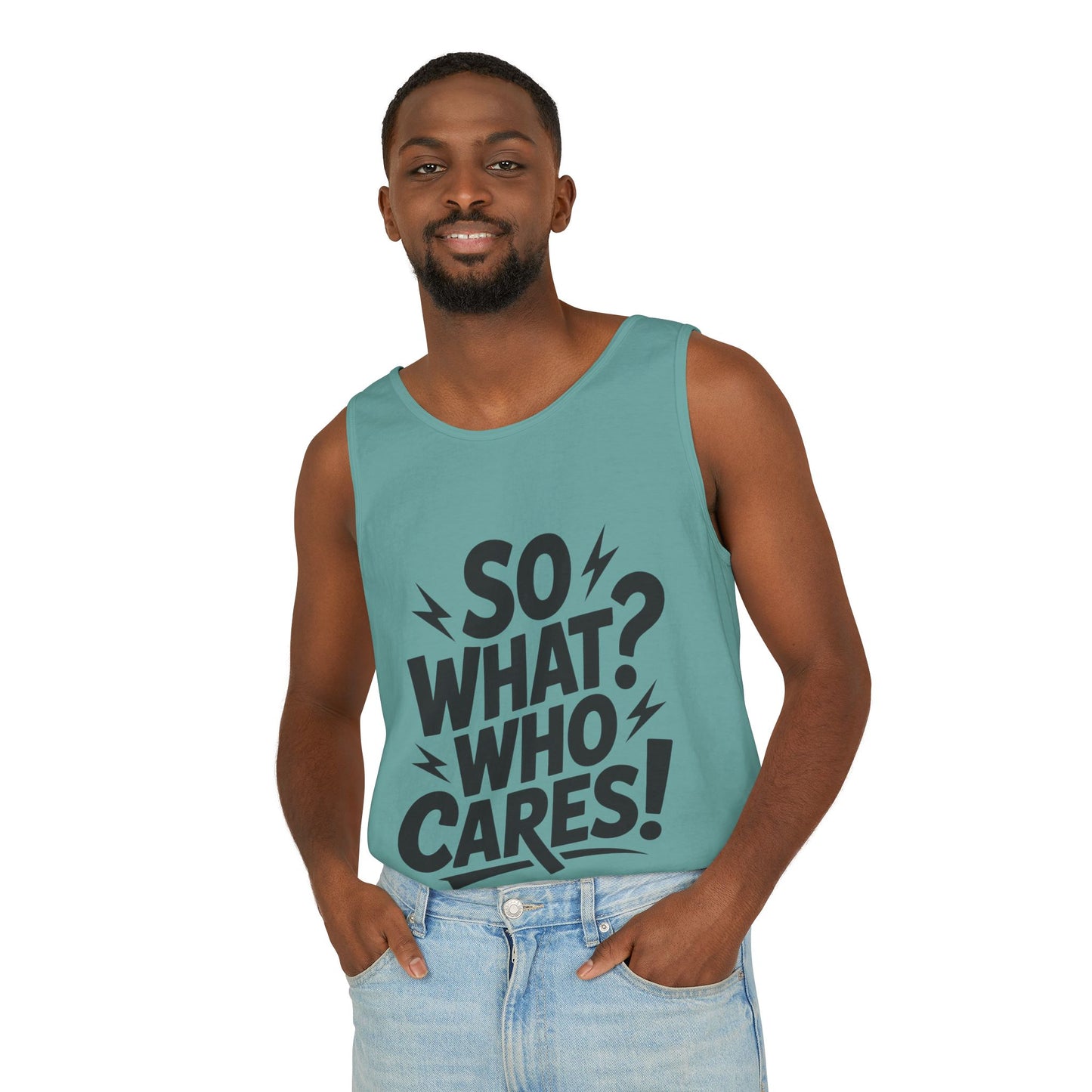 Mens Tank Top, "So What? Who Cares!", Casual Summer Wear, Beach Trip, Festival Outfit, Lightning Print, Sarcastic Summer Tee, Gym Tank