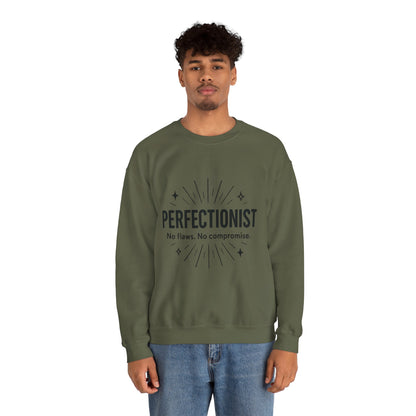 Men's Perfectionist Sweatshirt, Bold No Flaws No Compromise Design, Clean Look Funny Gift for Him, Minimal Black Graphic Pullover