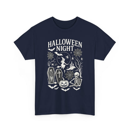 Halloween Night Women's T-Shirt, Gothic Witch Skeleton Pumpkin Tee, Spooky Scary Shirt for Halloween Party