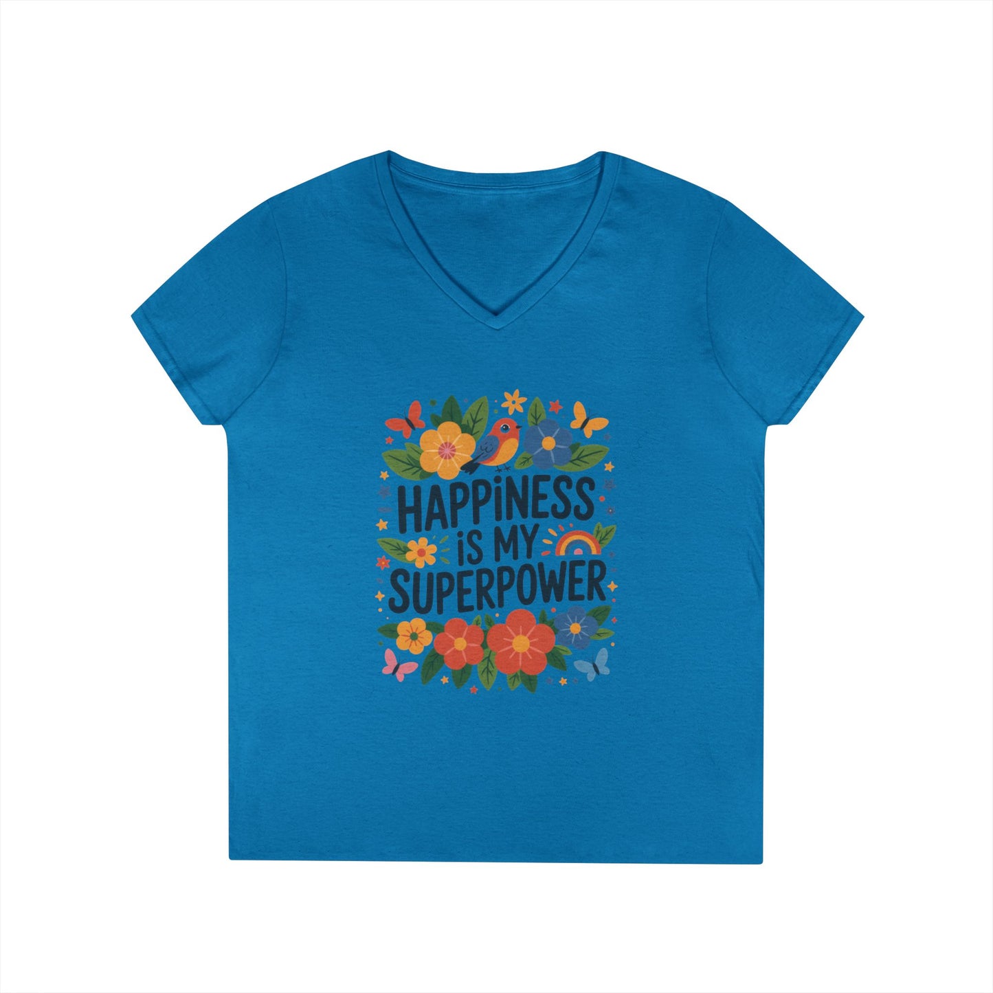 Happiness is My Superpower V-Neck T-Shirt, Floral Motivational Tee, Gift for Her, Positive Quote Shirt, Joyful Statement Tee