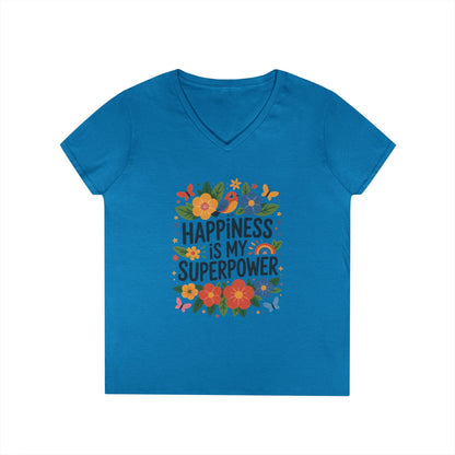 Happiness is My Superpower V-Neck T-Shirt, Floral Motivational Tee, Gift for Her, Positive Quote Shirt, Joyful Statement Tee