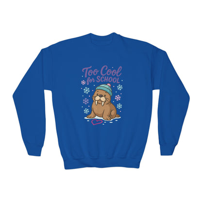 Youth Crewneck Sweatshirt, Kids Too Cool for School Walrus Sweatshirt, Funny Animal Pullover, Cute Winter Top