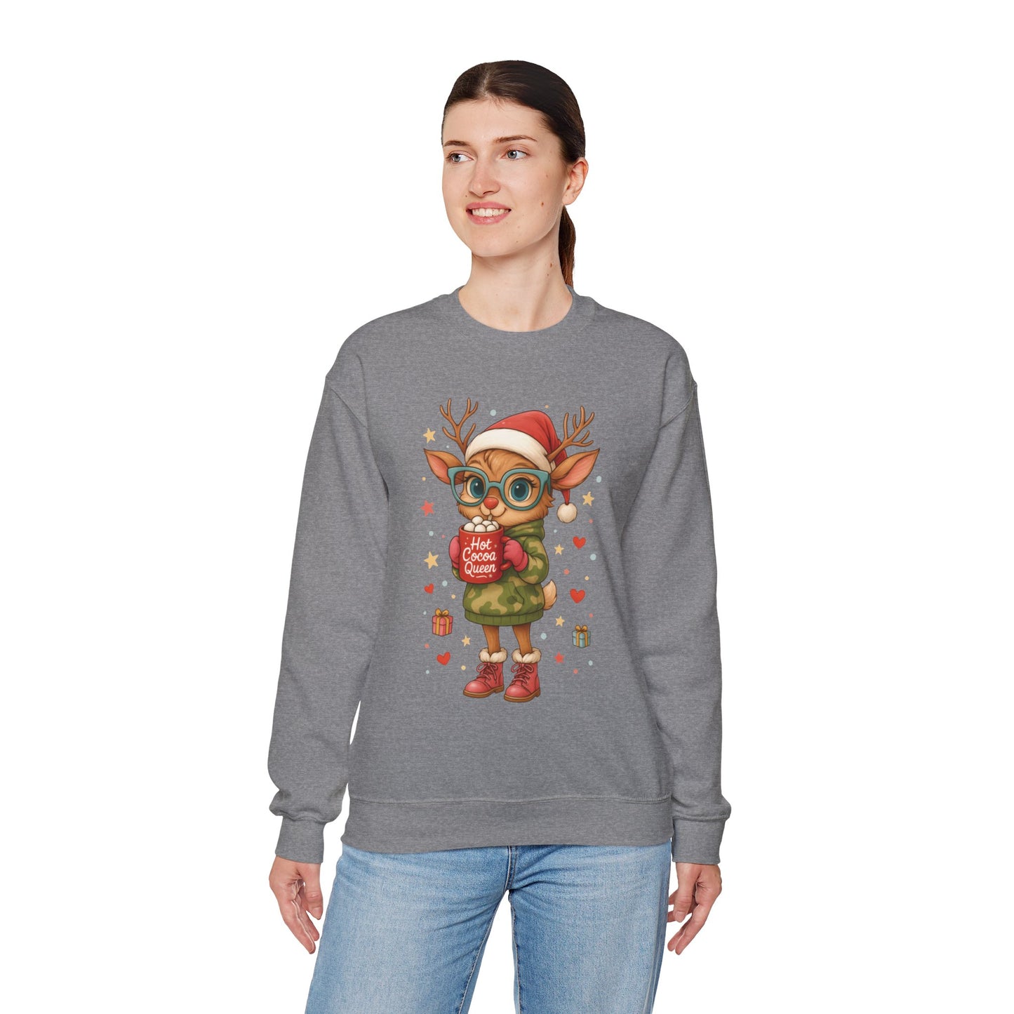 Hot Cocoa Queen Christmas Sweatshirt, Cute Cozy Holiday Reindeer Pullover