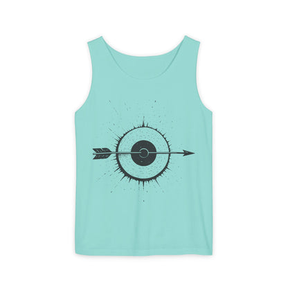 Mens Garment-Dyed Tank Top with Target Arrow Design, Casual Wear, Summer Essentials, Gym Wear, Gifts for Archery Lovers