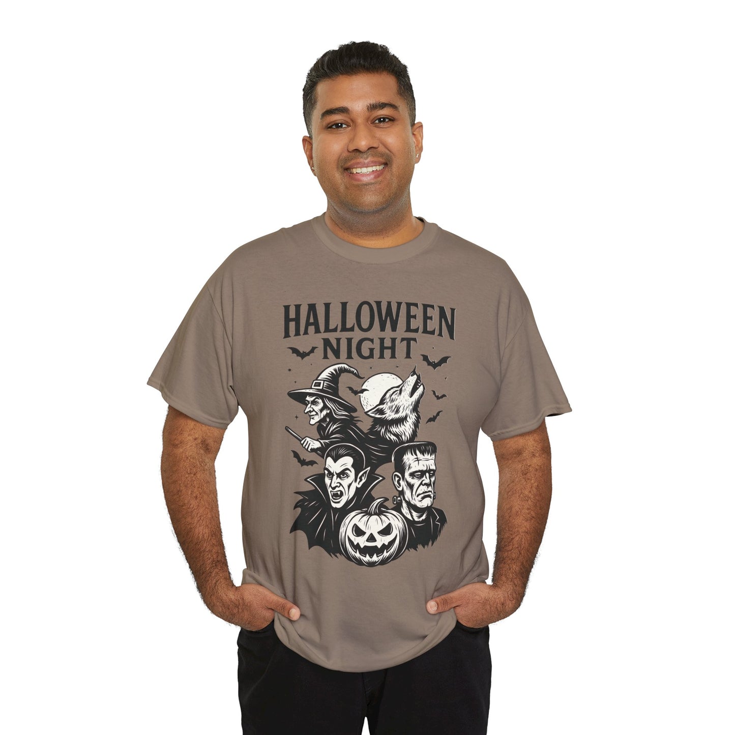 Halloween Night Men's T-Shirt, Classic Monsters Graphic Tee, Witch, Vampire, Frankenstein, Werewolf