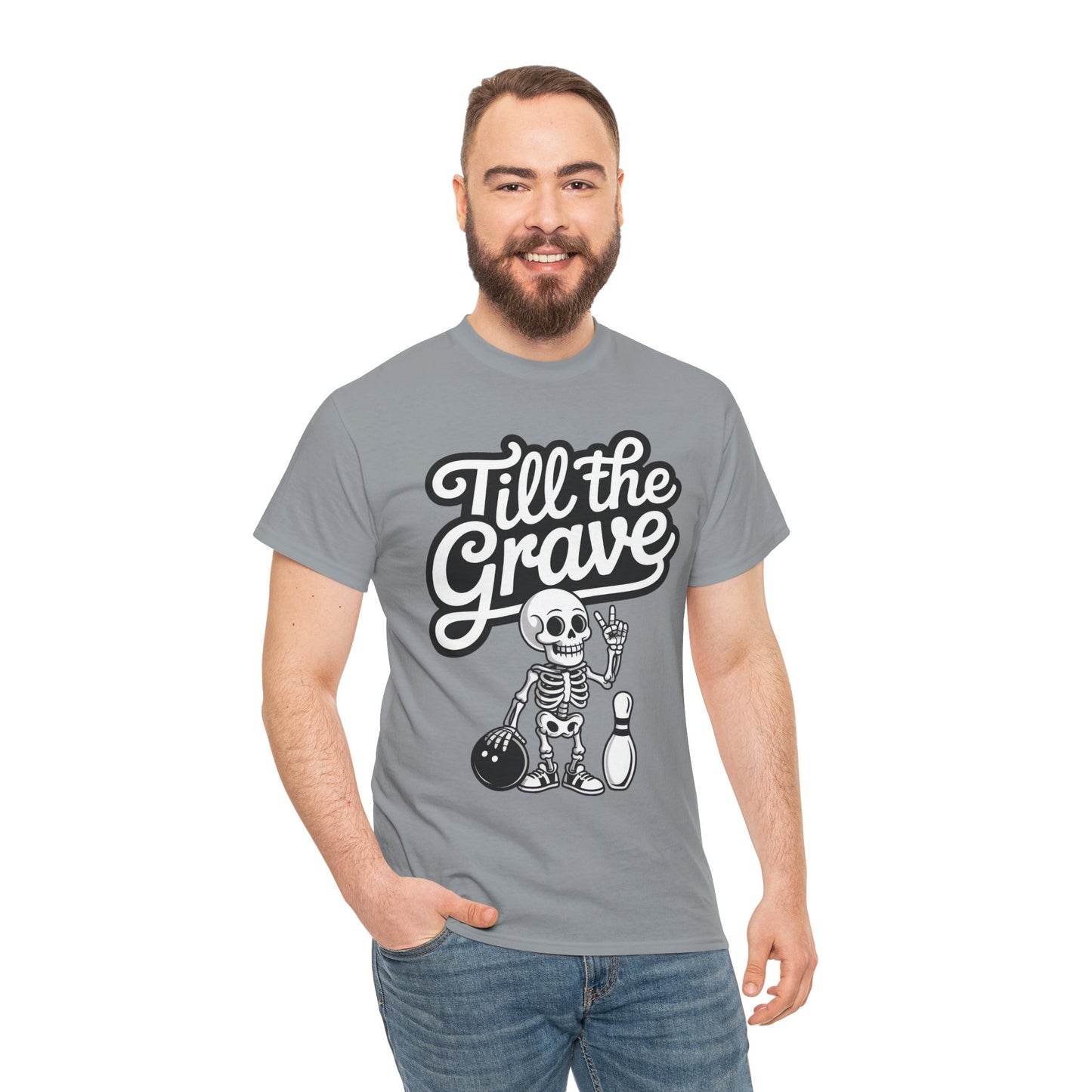 Skeleton Bowling Graphic Tee, Mens Heavy Cotton Tee, Funny Halloween Shirt, Gift for Bowlers, Retro Style Apparel, Casual Wear
