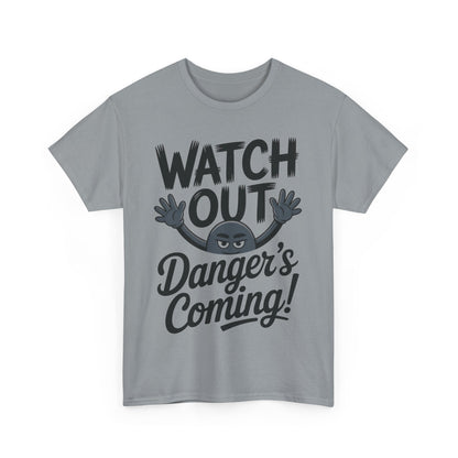 Funny "Watch Out" Cartoon Character T-Shirt, Sketch Style Unisex Heavy Cotton Tee, Minimalist Humorous Graphic Tee, Gift for Him/Her