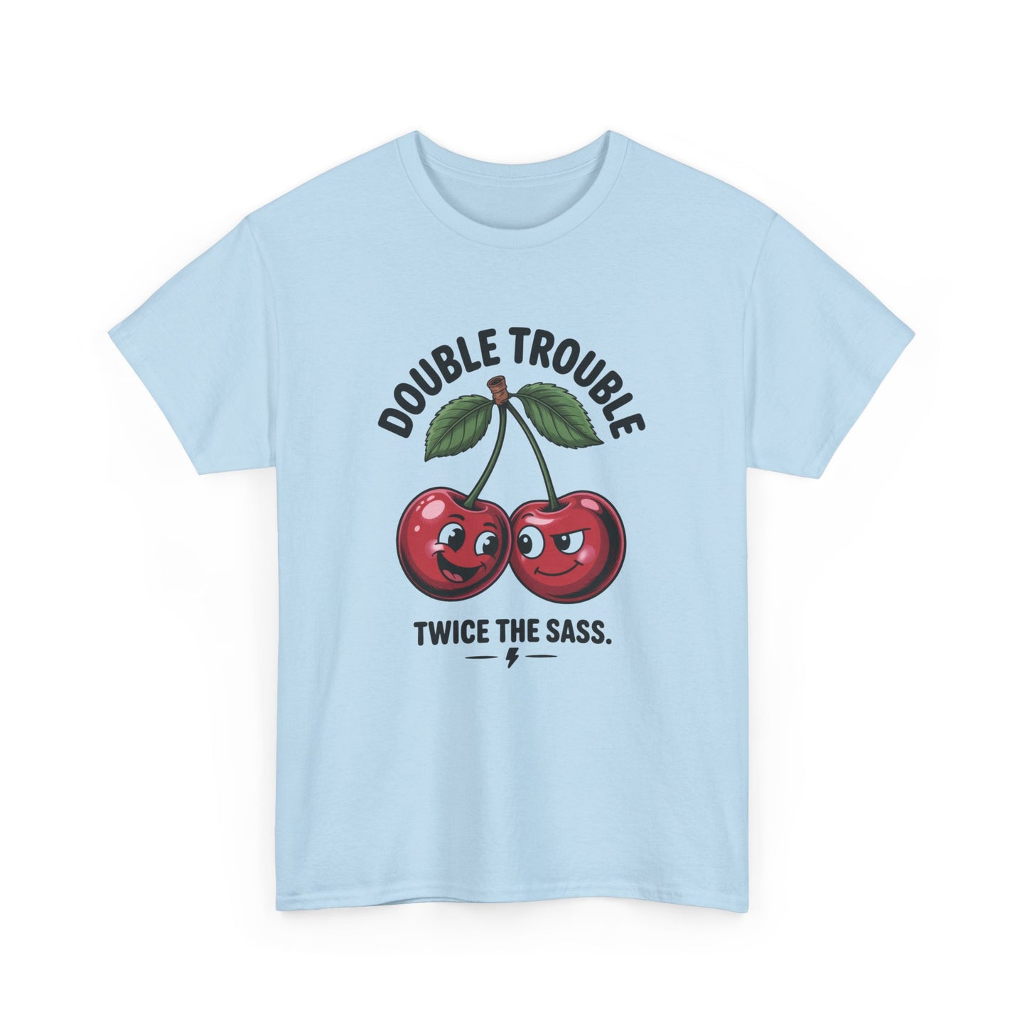 Double Trouble Cherry Graphic Tee, Funny Cute Womens T-Shirt, Twice the Sass Quote Shirt, Sassy Cherry Cartoon Gift