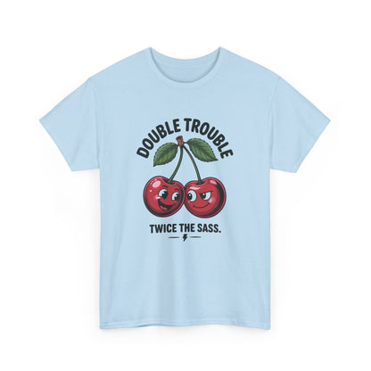 Double Trouble Cherry Graphic Tee, Funny Cute Womens T-Shirt, Twice the Sass Quote Shirt, Sassy Cherry Cartoon Gift