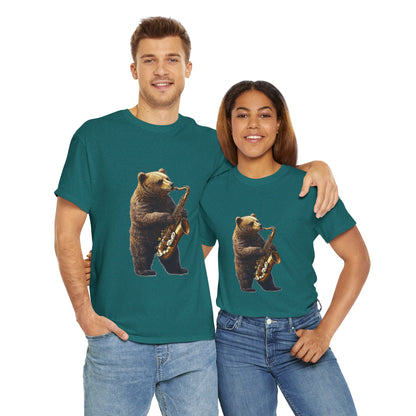 Saxophone Bear Unisex Heavy Cotton Tee, Music Lover Shirt, Gift for Musicians, Cute Animal Tee, Fun Jazz T-Shirt