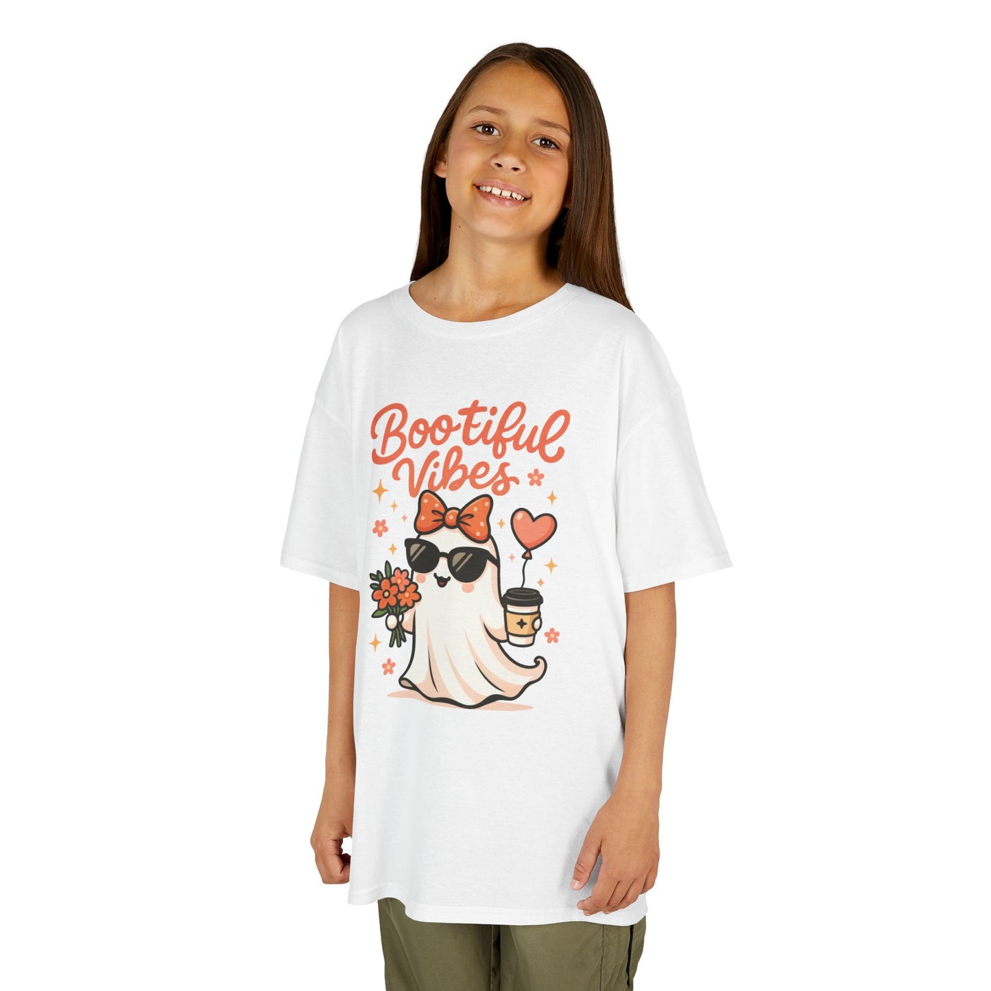 Girls Halloween Ghost T-Shirt, Cute Bootiful Vibes Tee for Kids, Fun Spooky Season Shirt, Tween Girl Outfit Gift, Kids Heavy Cotton™ Tee