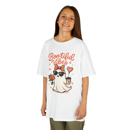 Girls Halloween Ghost T-Shirt, Cute Bootiful Vibes Tee for Kids, Fun Spooky Season Shirt, Tween Girl Outfit Gift, Kids Heavy Cotton™ Tee