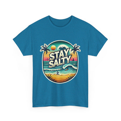 Stay Salty Retro Surf Unisex Heavy Cotton Tee, Vintage Beach Sunset Graphic T-Shirt, Summer Ocean Wave Surfer Shirt, Ocean Lover Gift