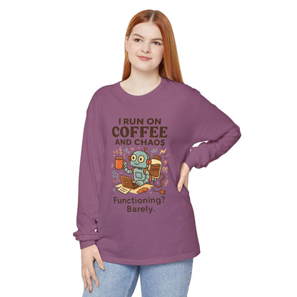Coffee Chaos Long Sleeve Tee, Funny T-Shirt, Quirky Gift for Coffee Lovers, Unisex Top for Busy Lives, Work from Home Humor Tee