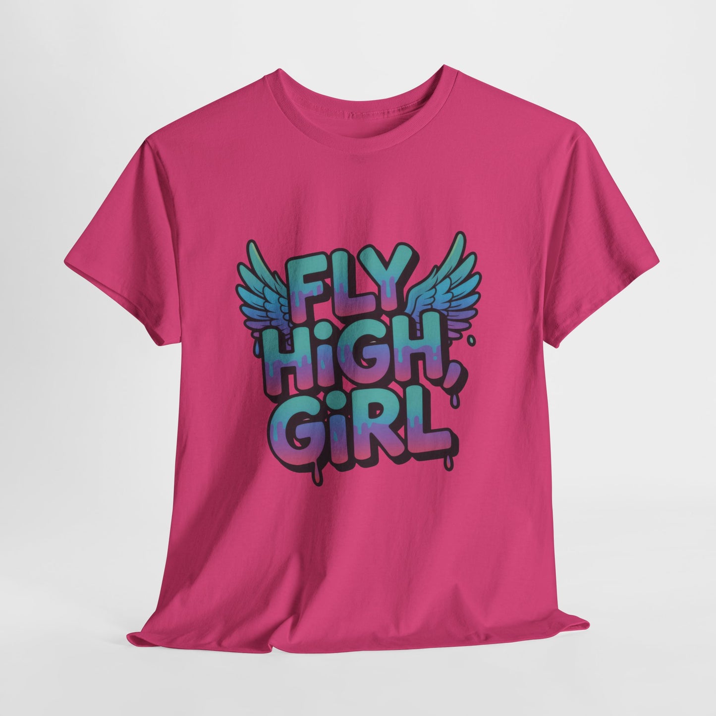 Womens Graphic Tee Fly High Girl, Angel Wings Graffiti Drip T-Shirt, Bold Streetwear Top