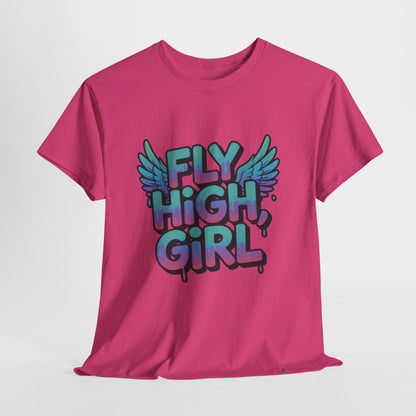 Womens Graphic Tee Fly High Girl, Angel Wings Graffiti Drip T-Shirt, Bold Streetwear Top
