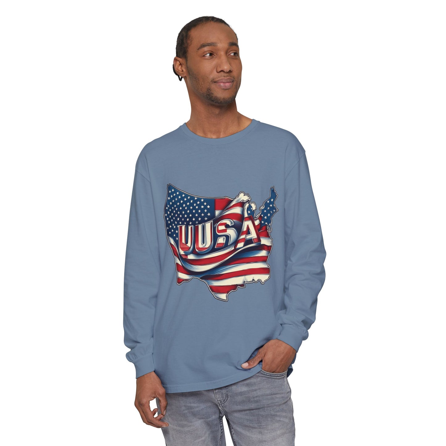 USA Flag Long Sleeve Tee, Unisex Garment-Dyed Shirt, Patriotic Top, All-American Apparel, Independence Day Style, Comfortable Casual Wear