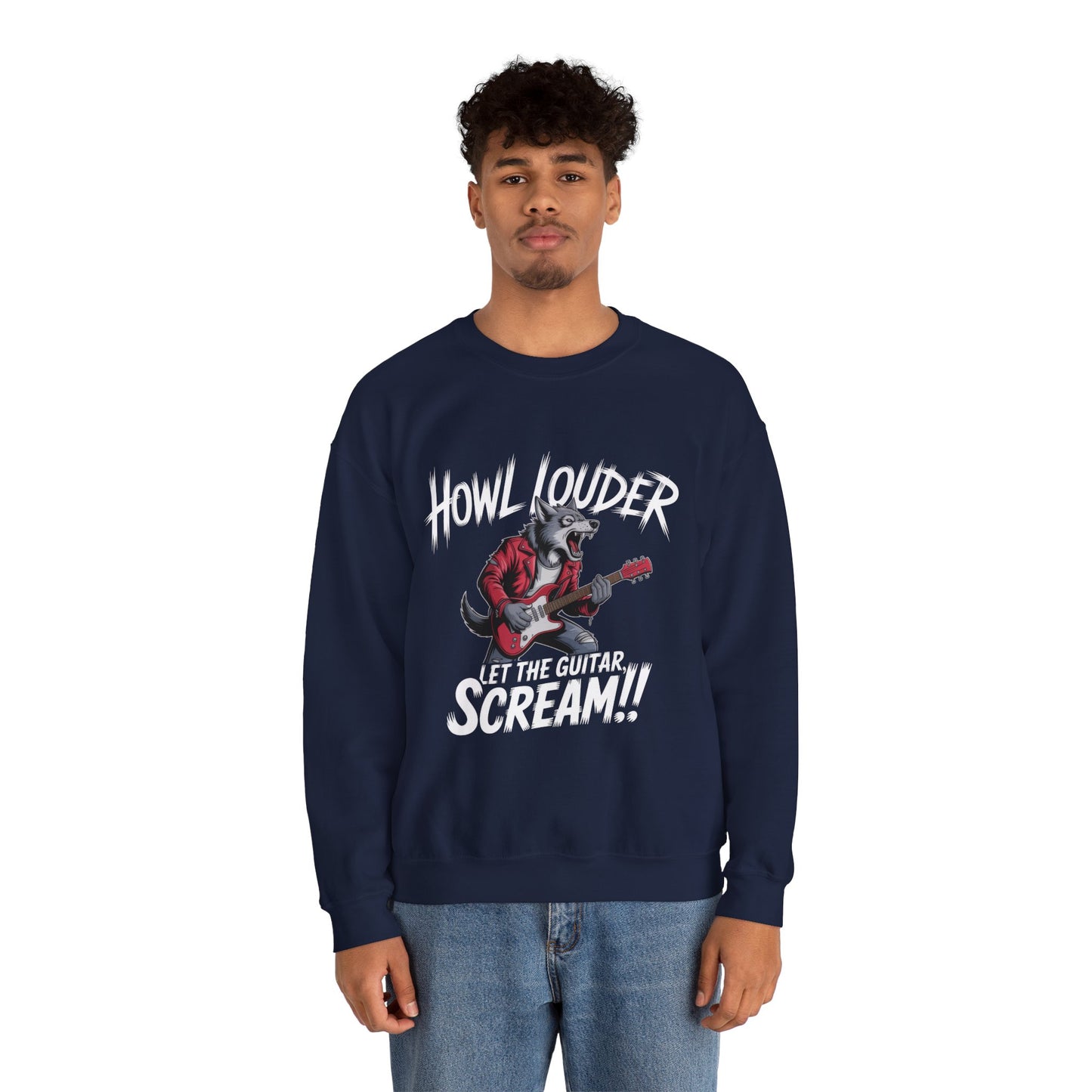 Howl Louder Wolf Sweatshirt, Let The Guitar Scream Pullover, Rock Guitar Animal Hoodie, Rocking Wolf Crewneck Sweatshirt, Music Lover Gift