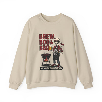Halloween BBQ Men's Sweatshirt, Brew Boo & BBQ Skeleton Grill Master, Spooky Dad Gift, Skeleton Dad Sweat, Grill Master Crew