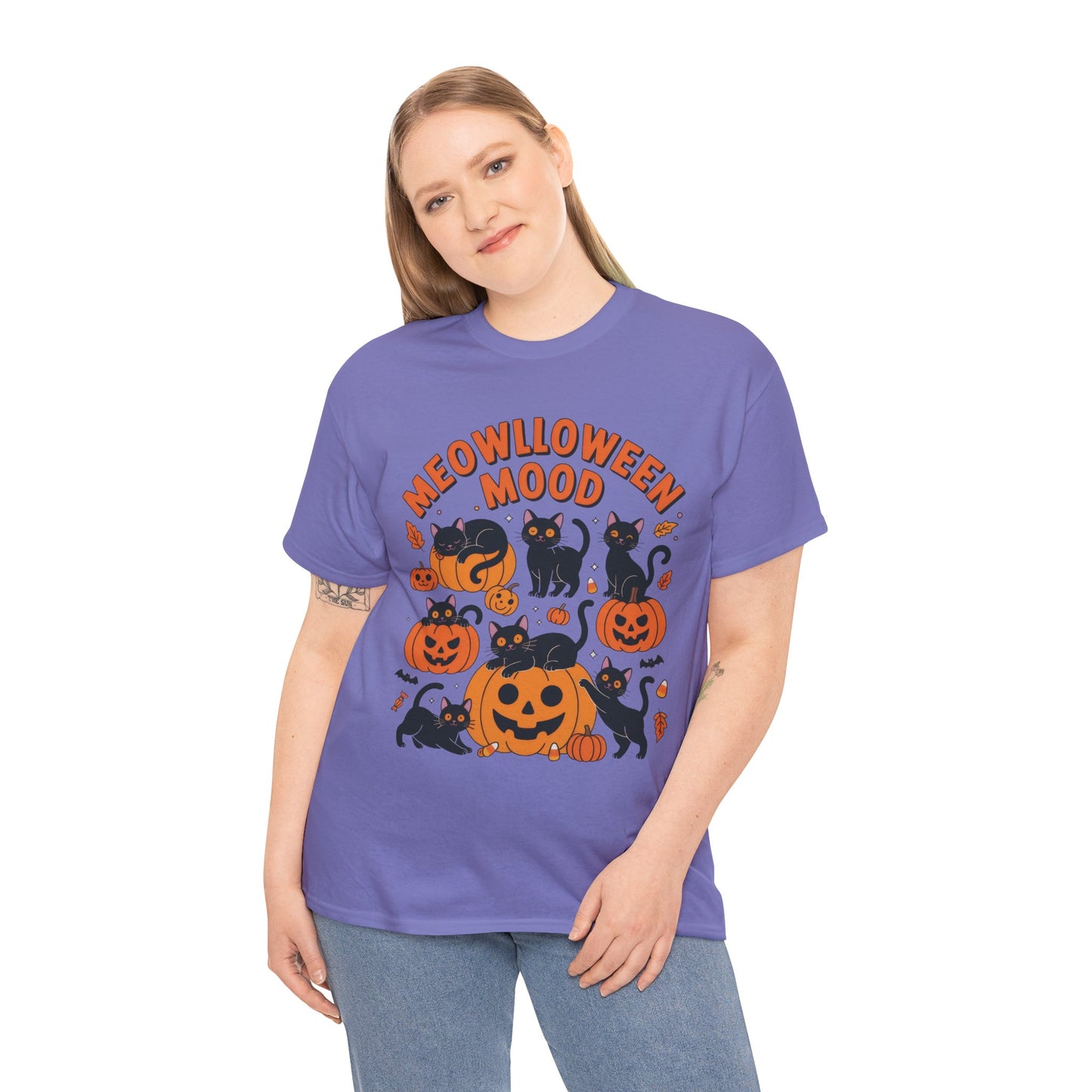Meowlloween Mood Cat Shirt for Women, Cute Black Cat and Pumpkin Halloween Tee, Cozy Fall Kawaii Spooky Graphic Top, Cat Lover Gift