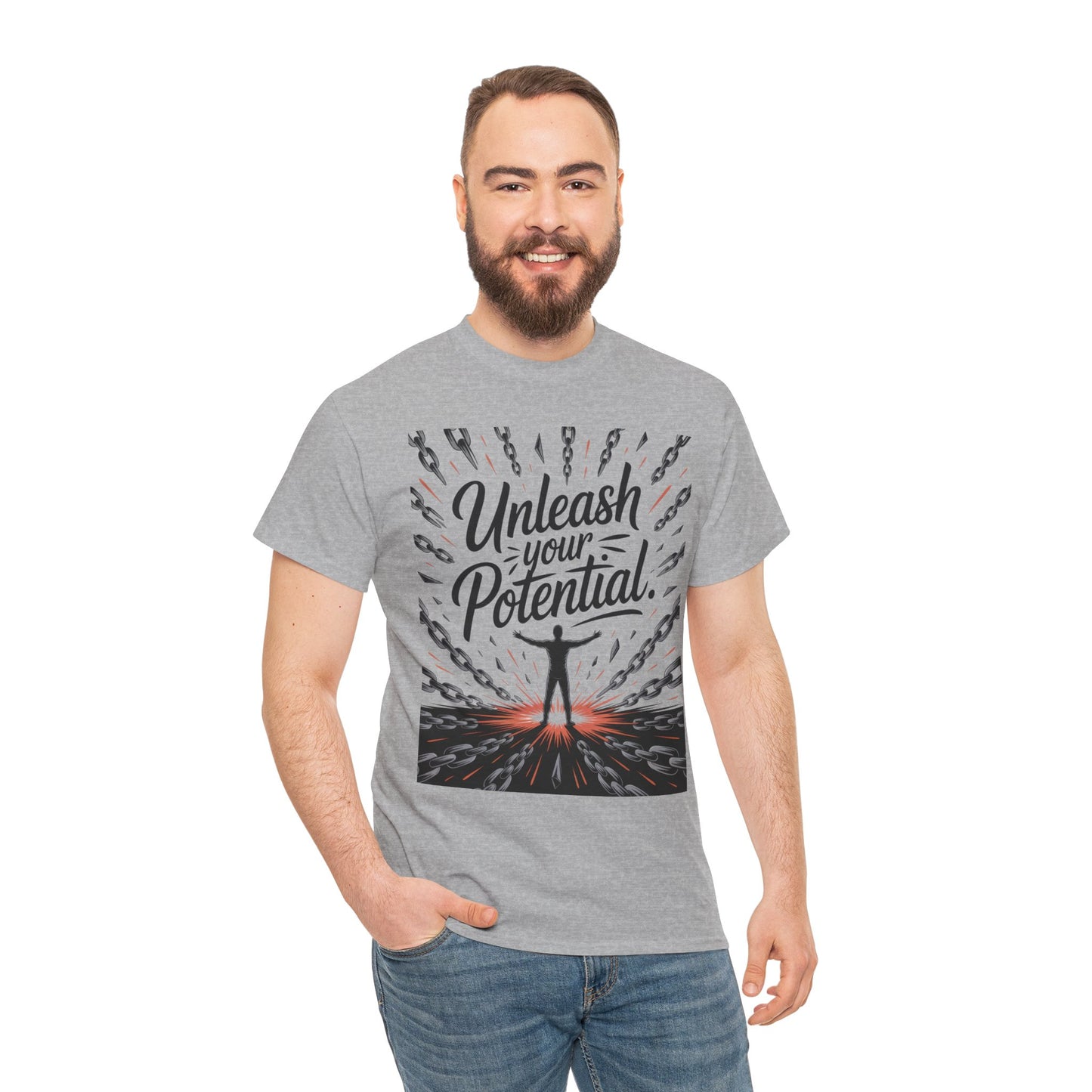 Inspiring Men's Heavy Cotton Tee, "Unleash Your Potential" Motivation Shirt, Gift for Graduates, Personal Growth Apparel, Casual Wear