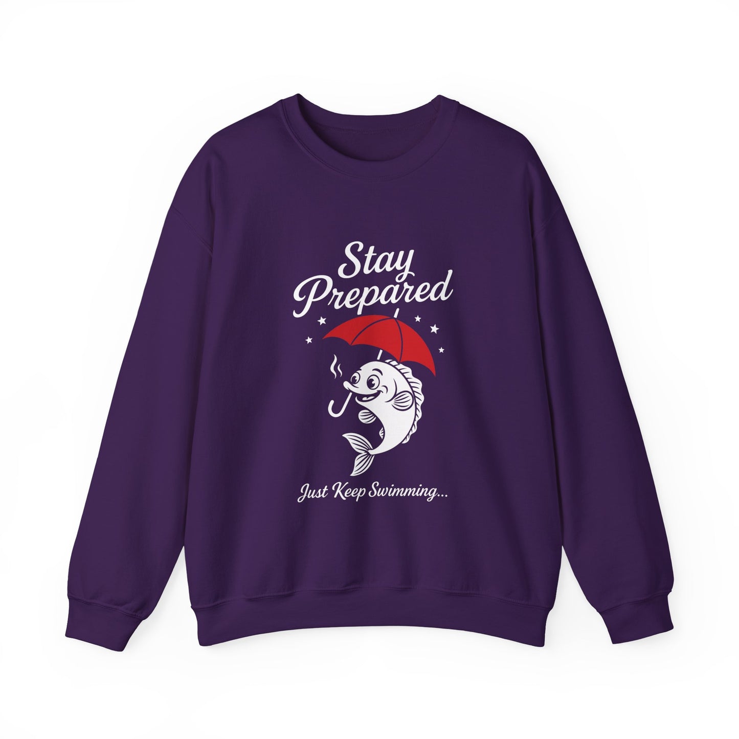 Funny Fish Womens Crewneck Sweatshirt - Stay Prepared Just Keep Swimming Nautical Pullover - Cozy Positive Gift, Fishing Humor
