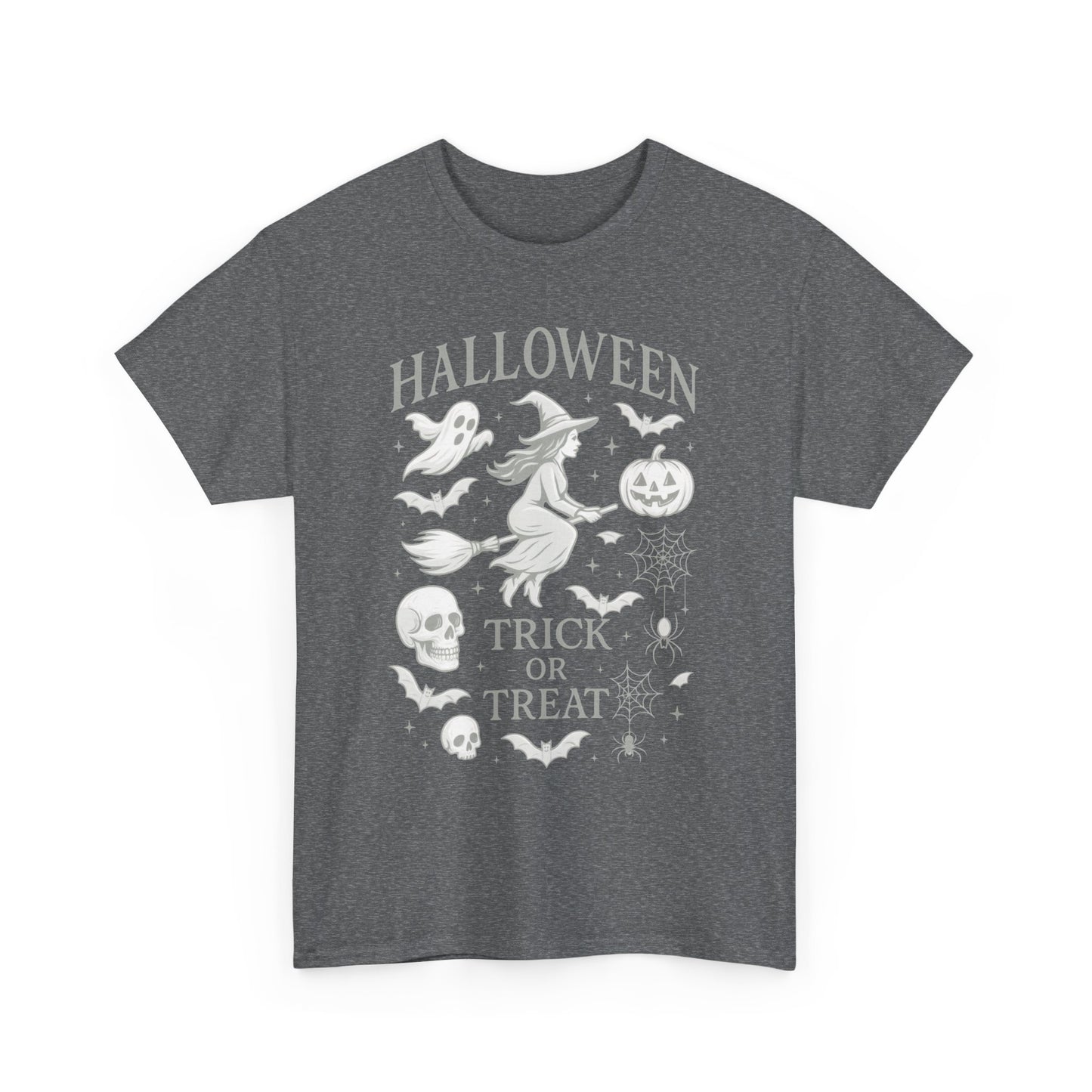 Halloween Witch Flying Broomstick T-Shirt, Trick or Treat Ghost Pumpkin Skull Spider Web Women's Tee