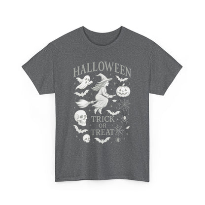 Halloween Witch Flying Broomstick T-Shirt, Trick or Treat Ghost Pumpkin Skull Spider Web Women's Tee