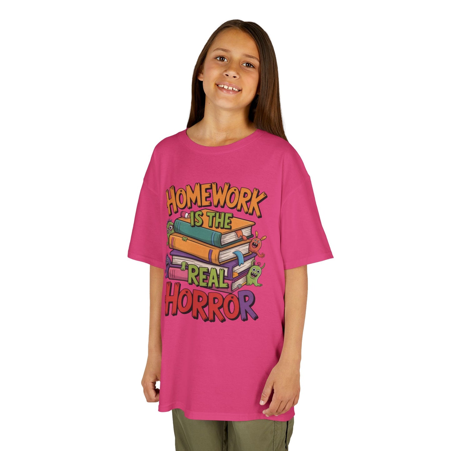 Kids Funny Homework Tee, Cute Monster School Shirt, Homework Is the Real Horror, Back to School Gift for Boys & Girls, Kids Halloween Tee