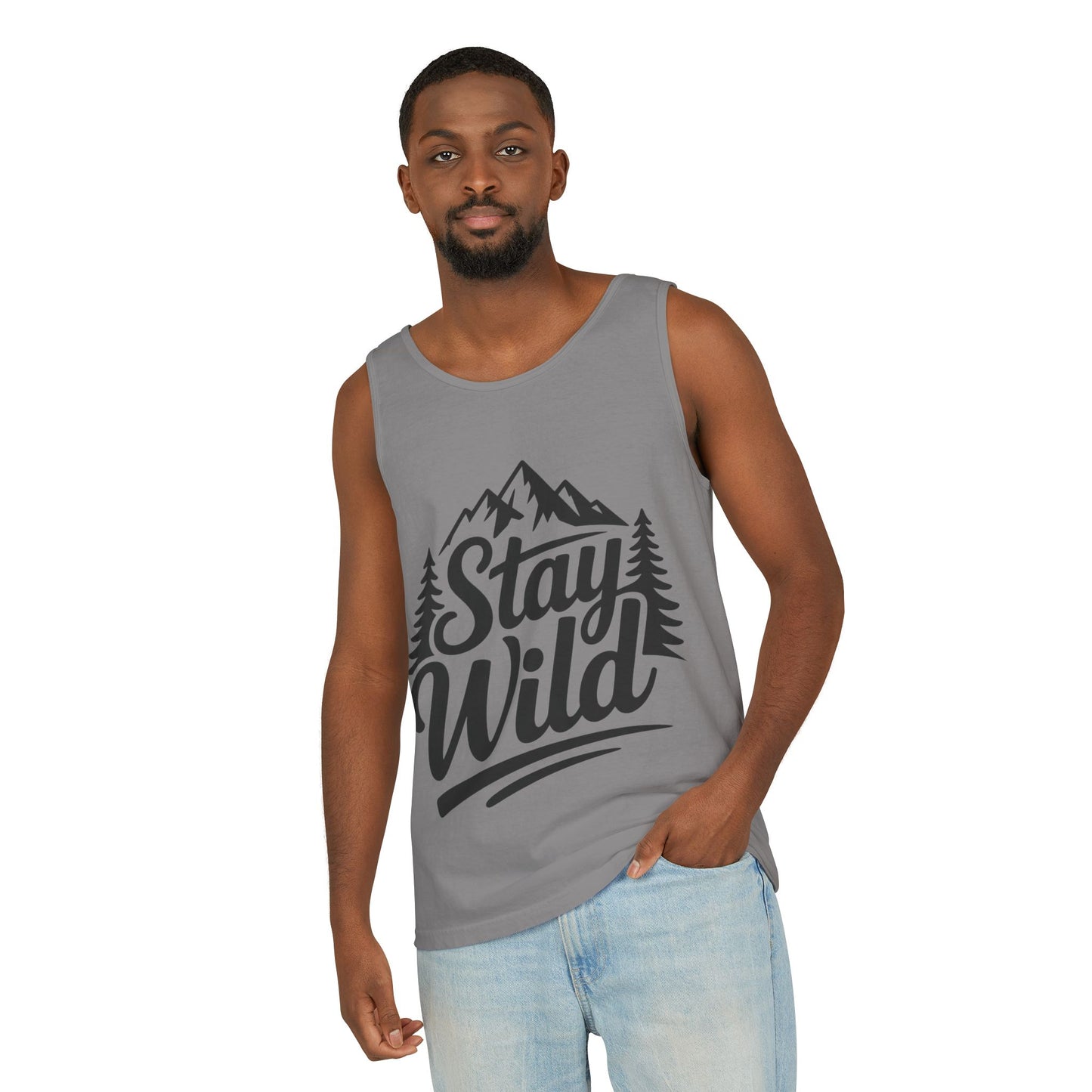 Stay Wild Garment-Dyed Mens Tank Top, Boho Summer Top, Adventure Shirt, Nature Lover Apparel, Gift for Hikers, Outdoor Clothing