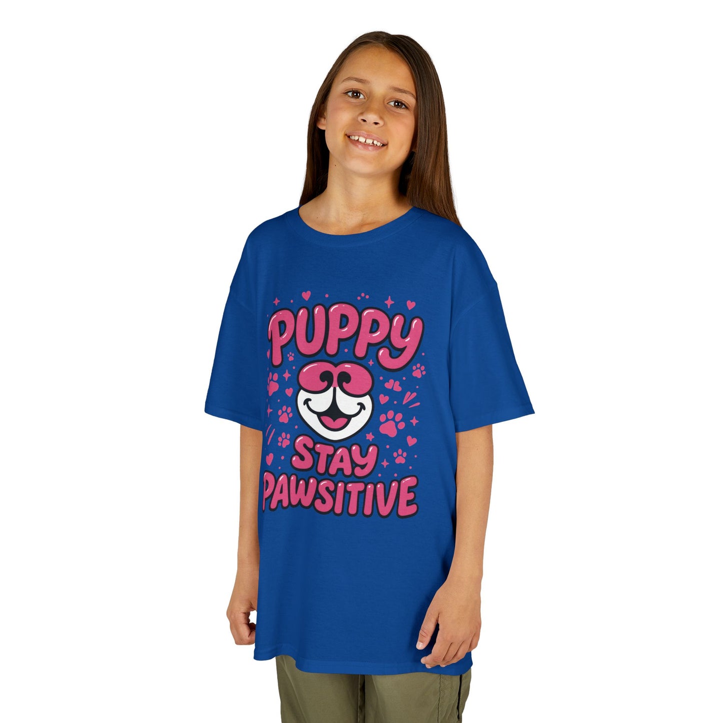 Puppy Stay Pawsitive Youth T-Shirt - Cute Positive Dog Shirt for Teens - Fun Puppy Paw Graphic Kids Tee, Kids Gift, Pet Lover Shirt