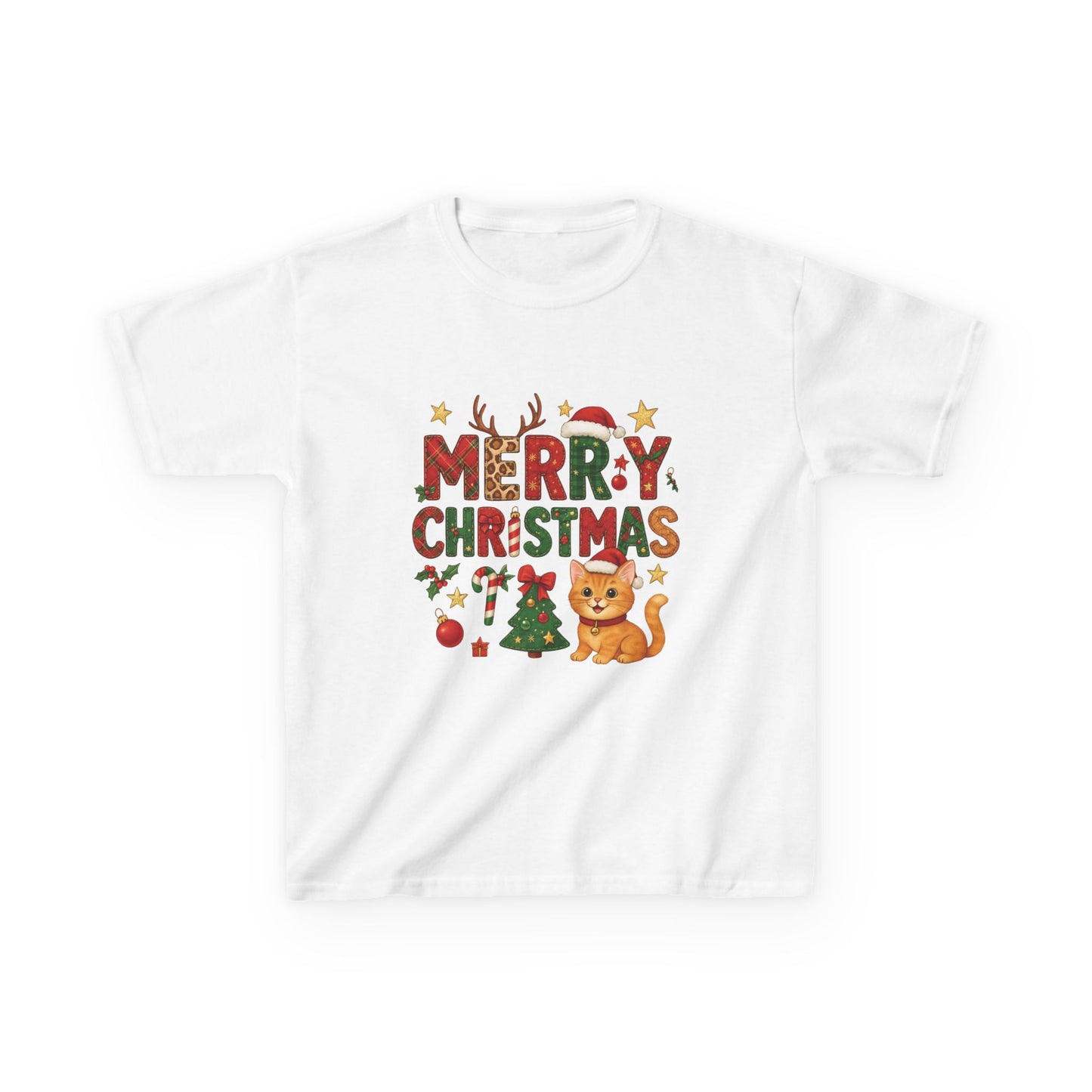 Merry Christmas Cat Shirt for Girls, Cute Holiday Kitten Tee