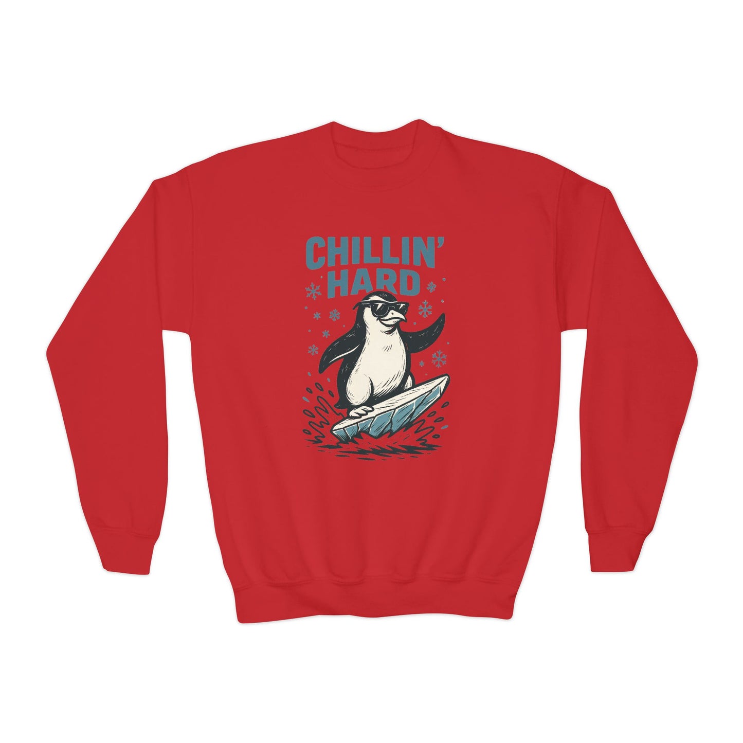 Youth Crewneck Sweatshirt, Kids Chillin Hard Penguin Sweatshirt, Funny Cool Animal Pullover for Children
