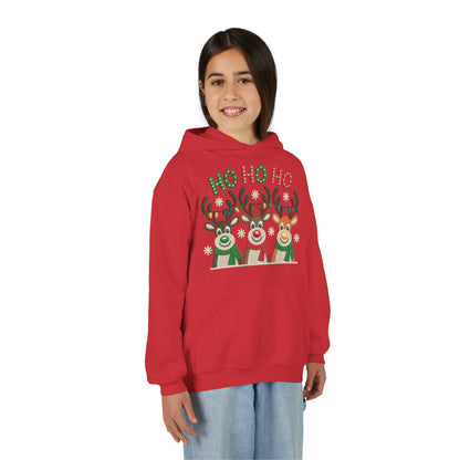 Ho Ho Ho Reindeer Hoodie for Girls, Cute Christmas Holiday Kids Pullover, Youth Hooded Sweatshirt