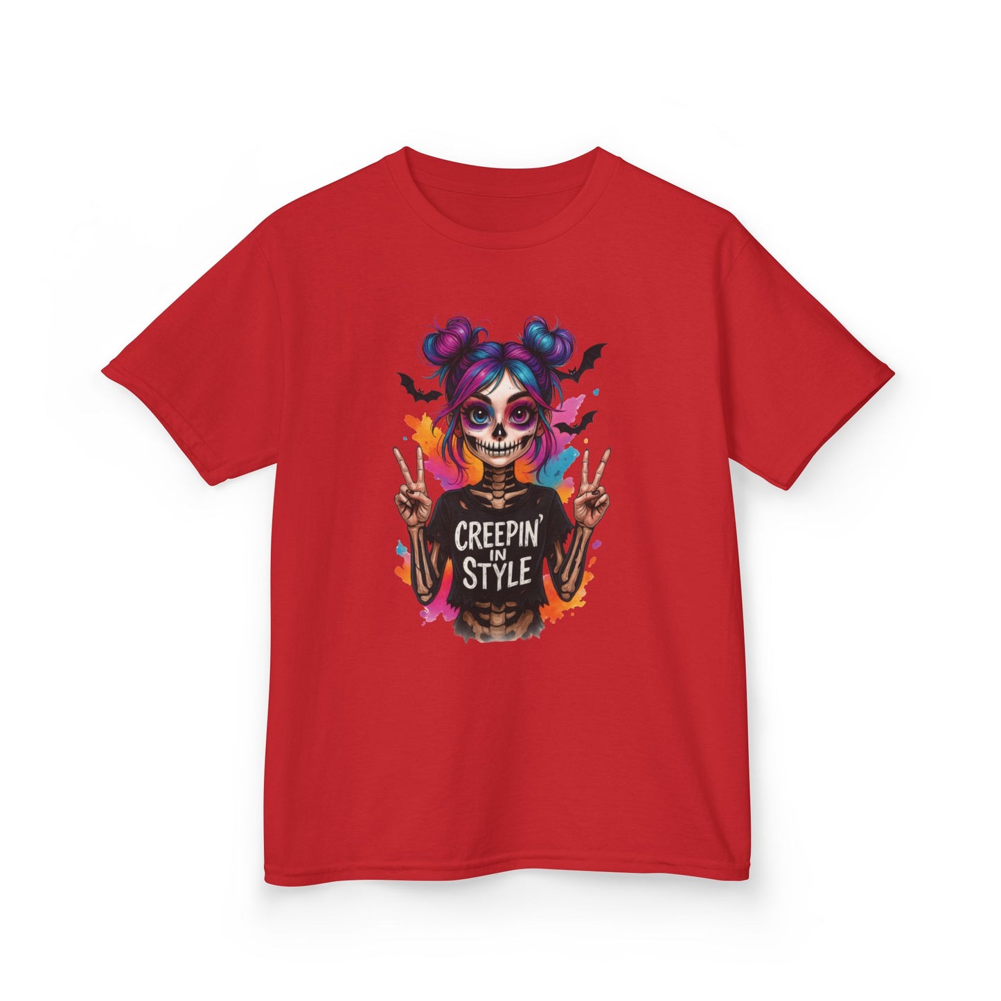 Creepin' in Style Kids Halloween T-Shirt, Colorful Skeleton Girl Design, Cute Spooky Shirt for Trendy Girls