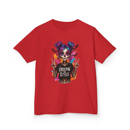 Creepin' in Style Kids Halloween T-Shirt, Colorful Skeleton Girl Design, Cute Spooky Shirt for Trendy Girls