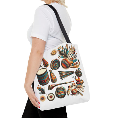 Boho Tribal Music Tote Bag, Ethnic Percussion Instrument Art, Festival Vibes, Shopping Bag, Bohemian Tote, Weekender Bag, Beach Bag, Large Canvas Bag