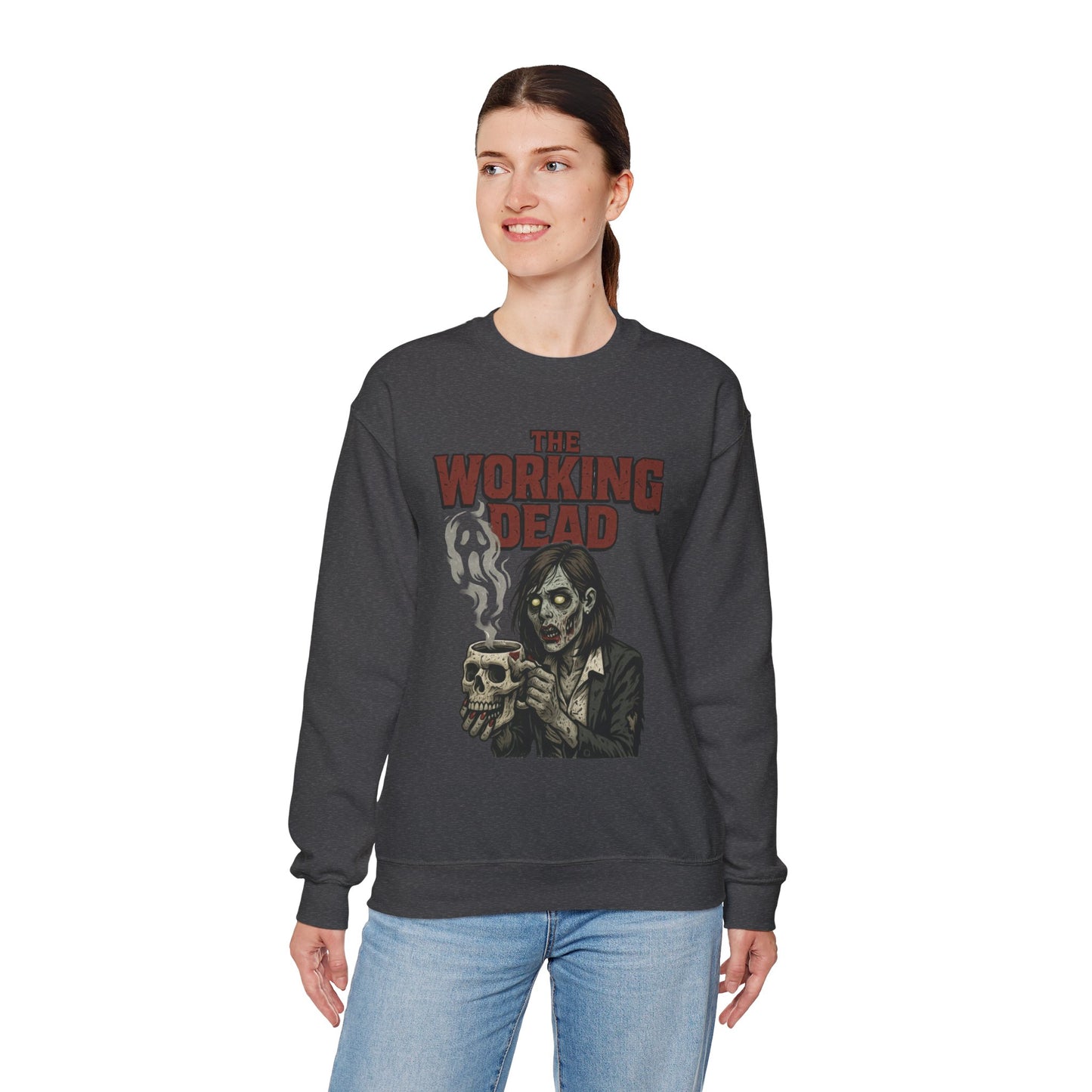 The Working Dead Women's Zombie Sweatshirt, Halloween Zombie Top, Work Humor Sweatshirt, Women's Heavy Blend™ Crewneck Sweatshirt