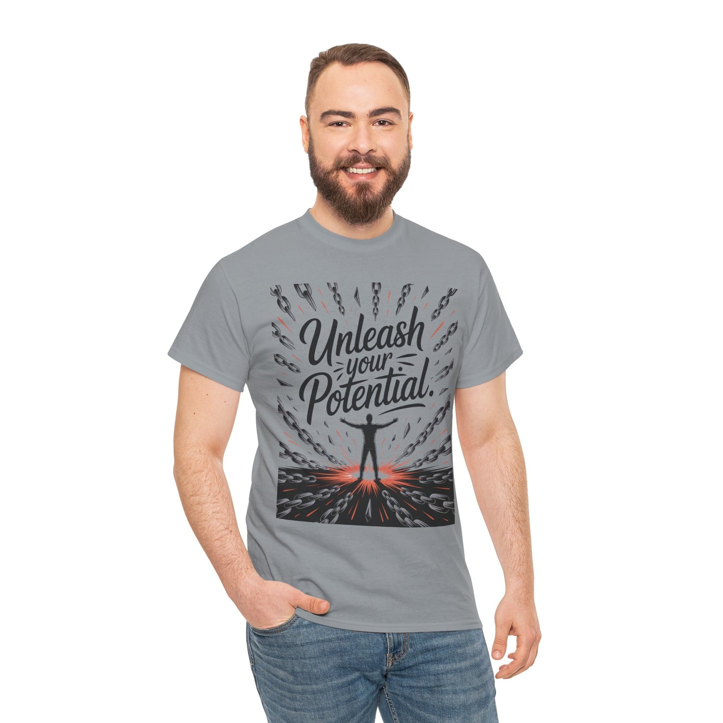 Inspiring Men's Heavy Cotton Tee, "Unleash Your Potential" Motivation Shirt, Gift for Graduates, Personal Growth Apparel, Casual Wear