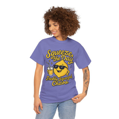 Funny Lemon Shirt for Women - Squeeze The Day Freshly Squeezed Chaos Tee - Cute Positive Citrus Graphic Tee, Fun Summer Tee for Beach Vibes