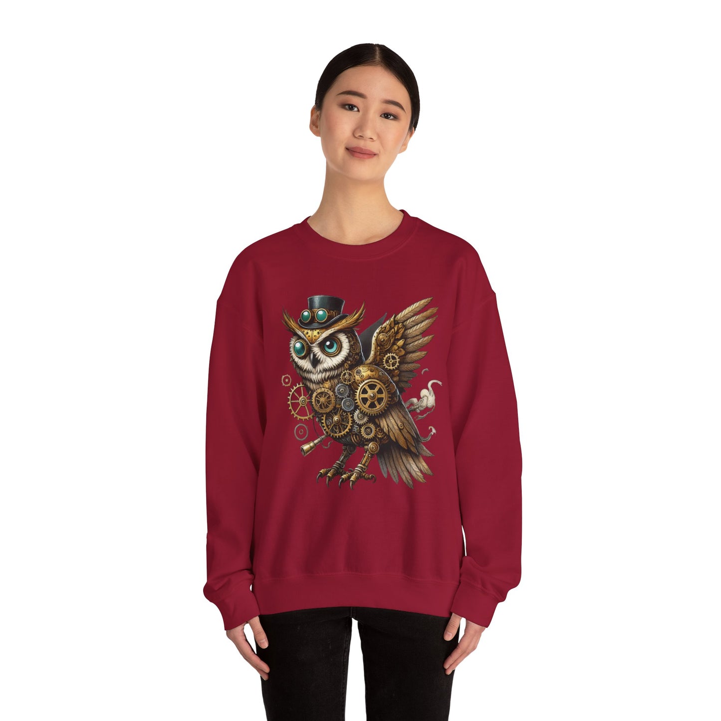 Steampunk Owl Unisex Crewneck Sweatshirt, Vintage Mechanical Gears Fantasy Bird Graphic Pullover, Gift for Owl Lovers