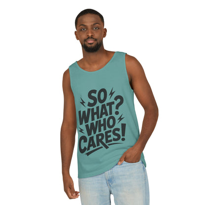 Mens Tank Top, "So What? Who Cares!", Casual Summer Wear, Beach Trip, Festival Outfit, Lightning Print, Sarcastic Summer Tee, Gym Tank