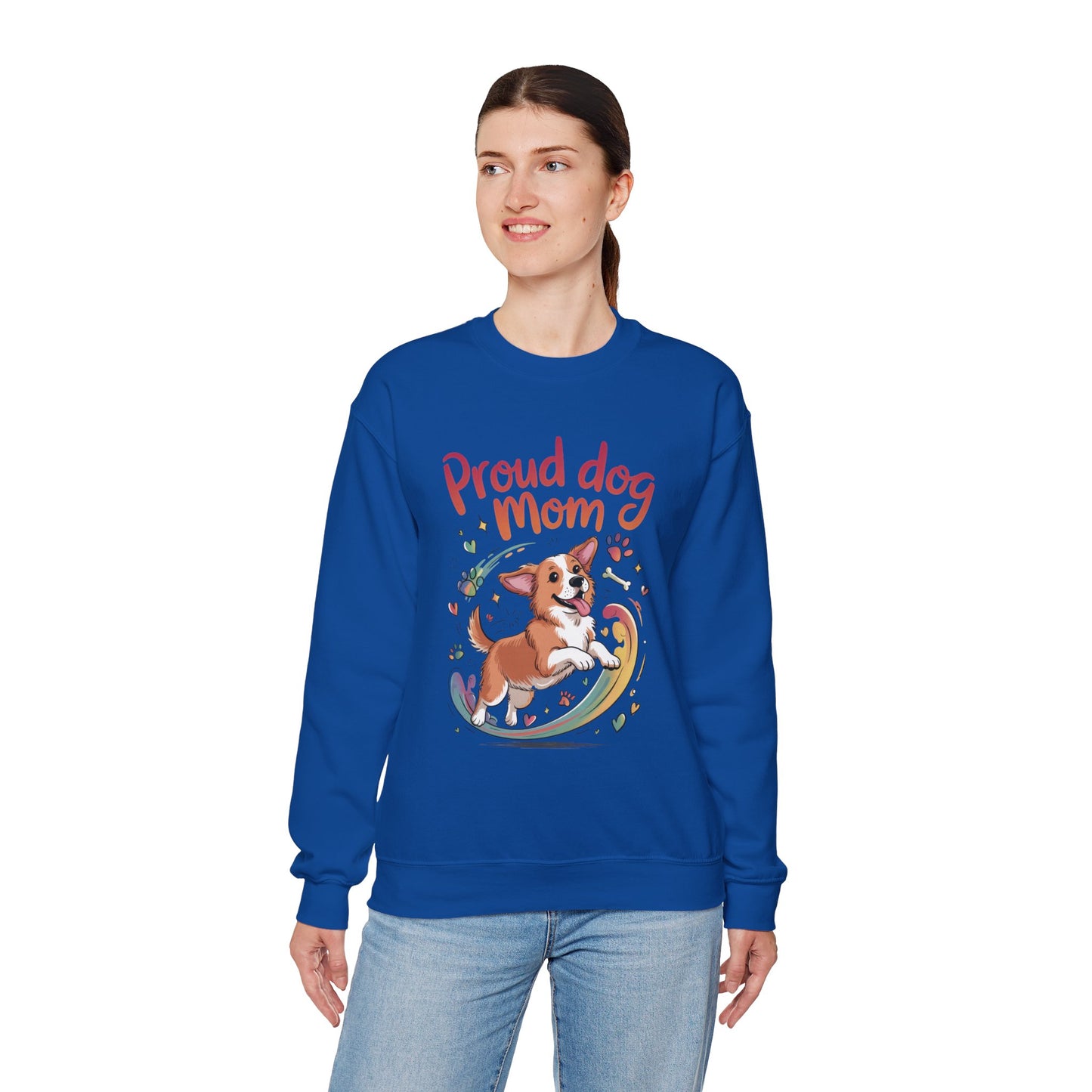 Proud Dog Mom Crewneck Sweatshirt, Pet Lover Gift, Dog Mom Apparel, Animal Lover Clothing, Gift for Dog Moms, Puppy Paw Rainbow Print