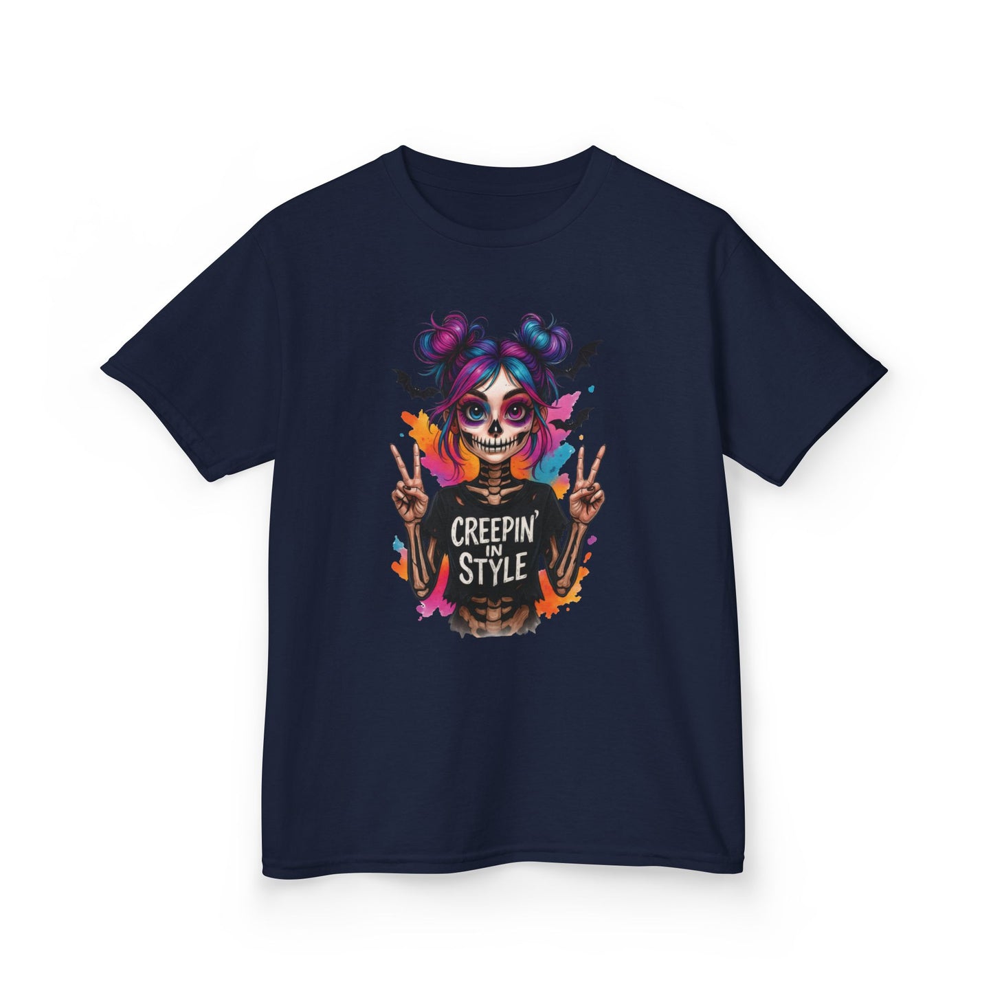 Creepin' in Style Kids Halloween T-Shirt, Colorful Skeleton Girl Design, Cute Spooky Shirt for Trendy Girls