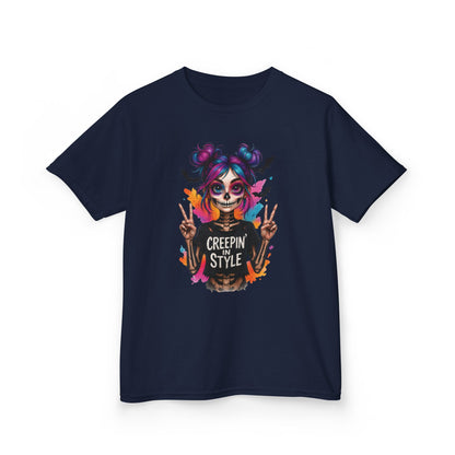 Creepin' in Style Kids Halloween T-Shirt, Colorful Skeleton Girl Design, Cute Spooky Shirt for Trendy Girls