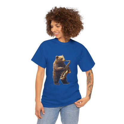 Saxophone Bear Unisex Heavy Cotton Tee, Music Lover Shirt, Gift for Musicians, Cute Animal Tee, Fun Jazz T-Shirt