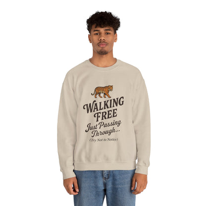 Funny Tiger Mens Crewneck Sweatshirt - Walking Free Cozy Wild Animal Pullover - Motivational Sweatshirt, Inspirational Apparel