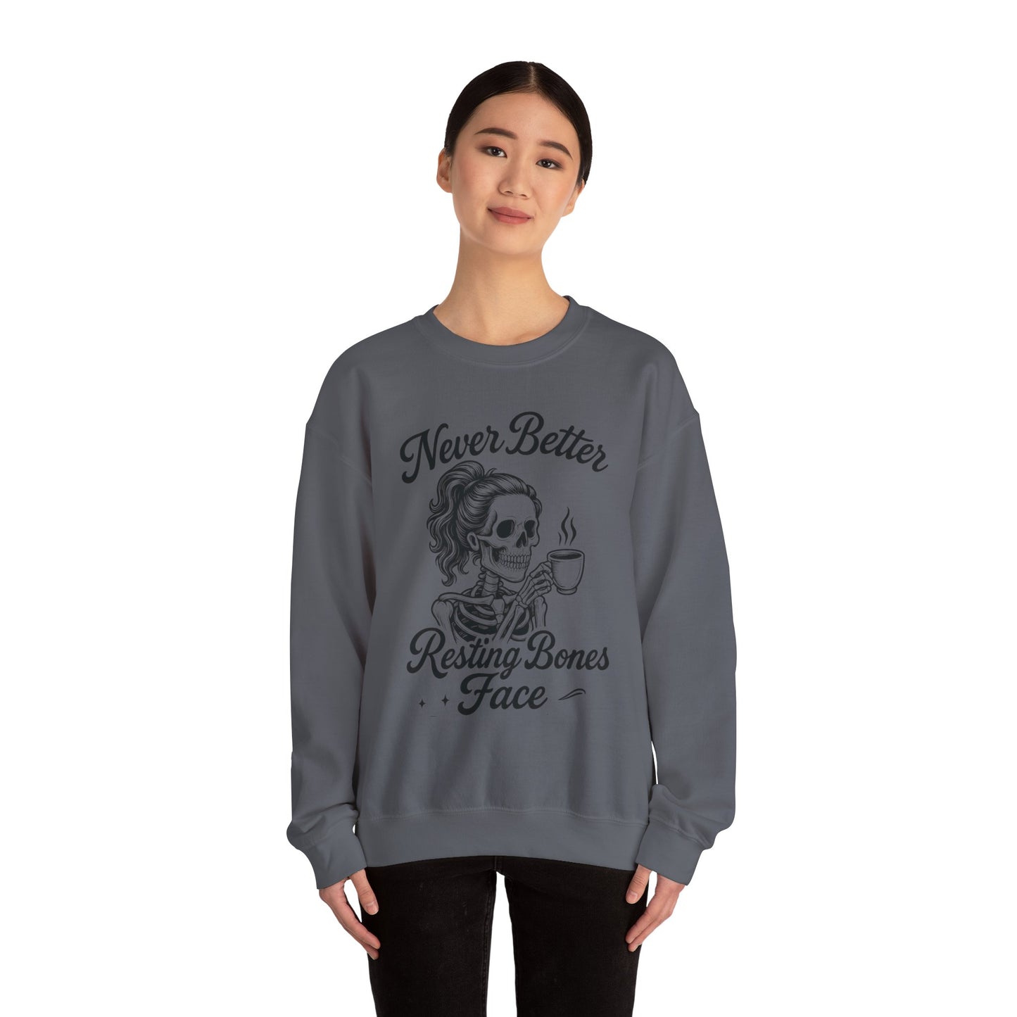 Skull Coffee Lovers Crewneck Sweatshirt, Womens, Perfect for Halloween, Cozy Outfit, Gift for Friends, Relaxing Days, Coffee Enthusiasts