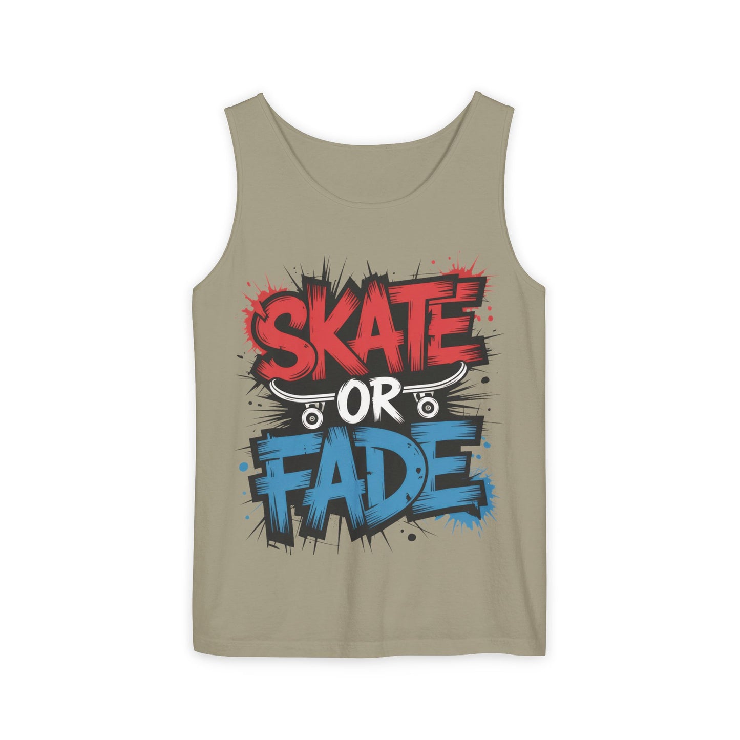 Skate Or Fade Men's Tank Top, Graffiti Skateboard Graphic Muscle Shirt, Urban Streetwear Sleeveless Top, Men's Garment-Dyed Tank Top
